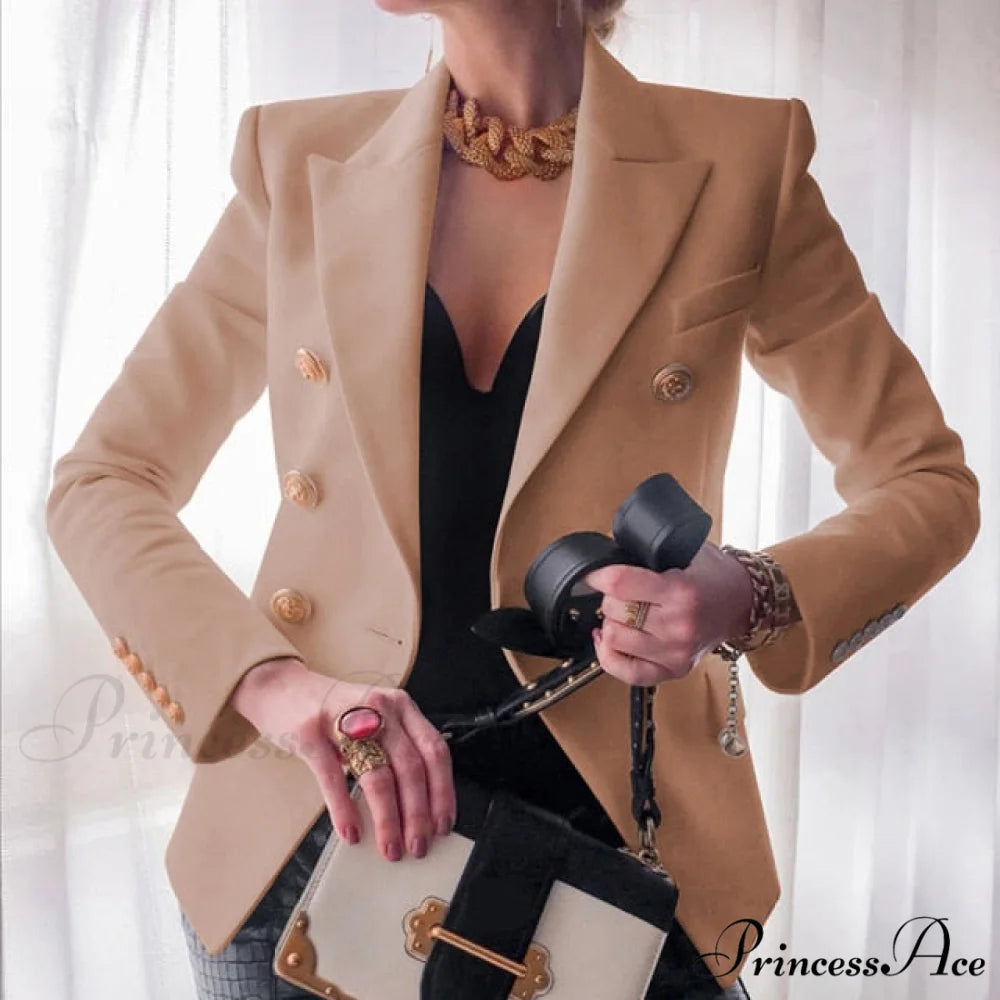 Solid Color Fashion Multi Buttons Blazer Khaki / S