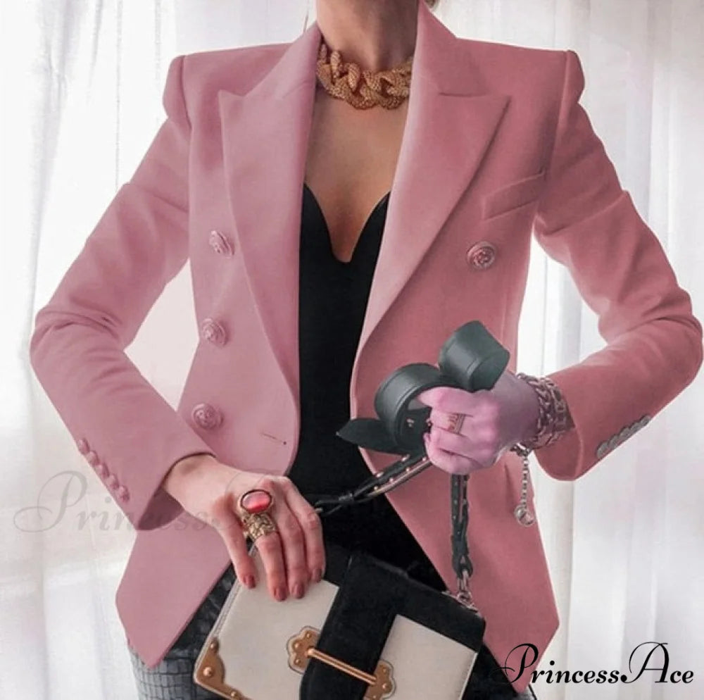 Solid Color Fashion Multi Buttons Blazer Pink / S