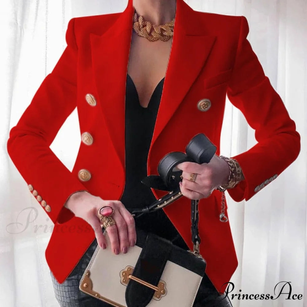 Solid Color Fashion Multi Buttons Blazer Red / S