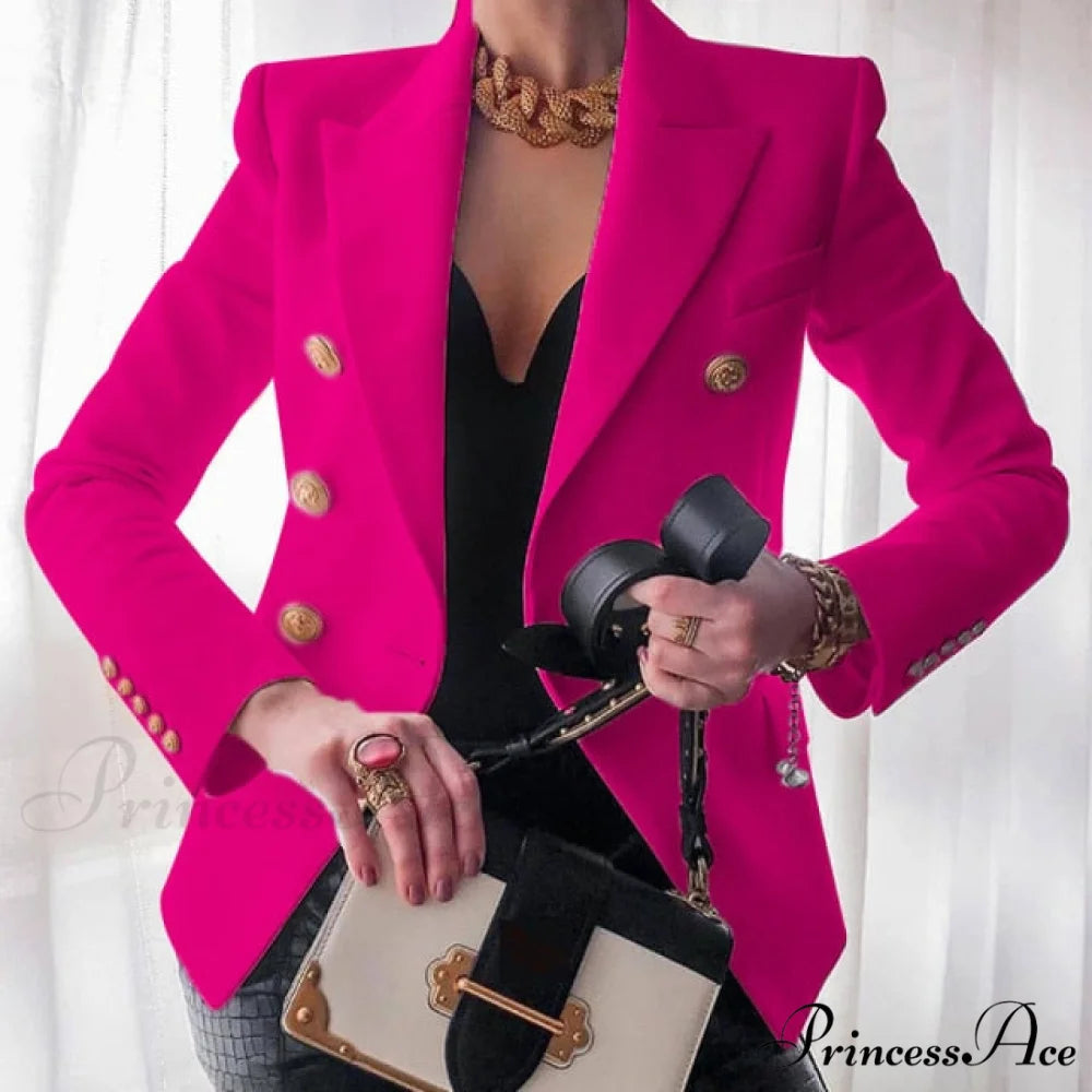 Solid Color Fashion Multi Buttons Blazer Rose Red / S