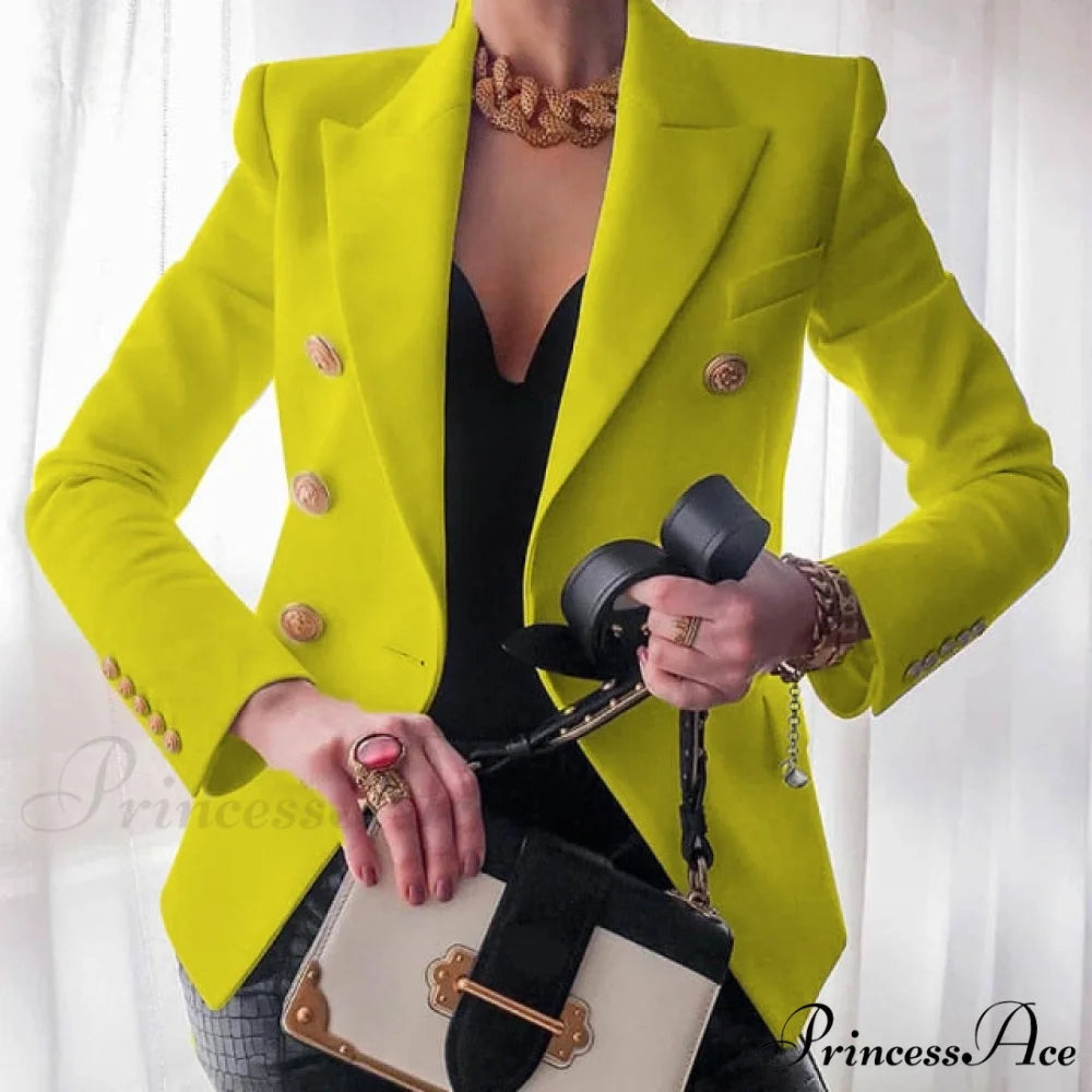Solid Color Fashion Multi Buttons Blazer Yellow / S