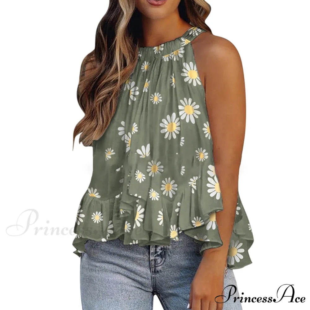 Solid Color Floral Polka Dot Blouses Green / S