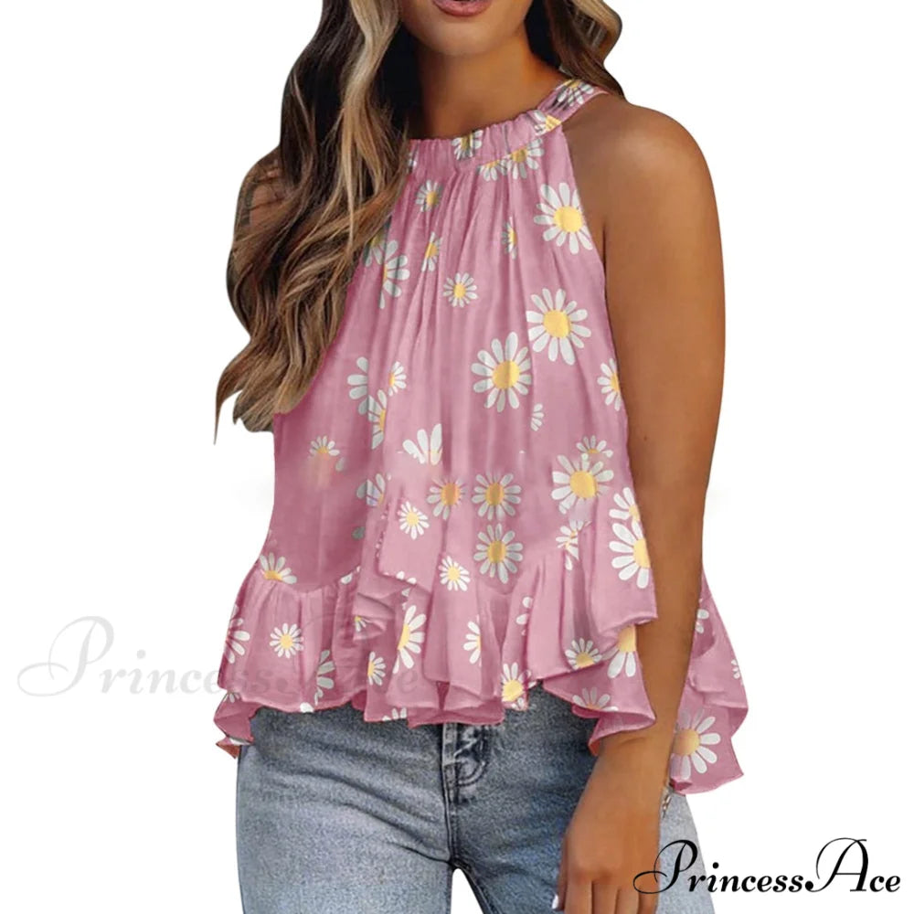 Solid Color Floral Polka Dot Blouses Pink / S