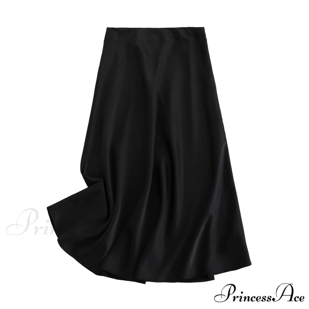 Solid Color High Quality Satin Midi Skirt Black / S