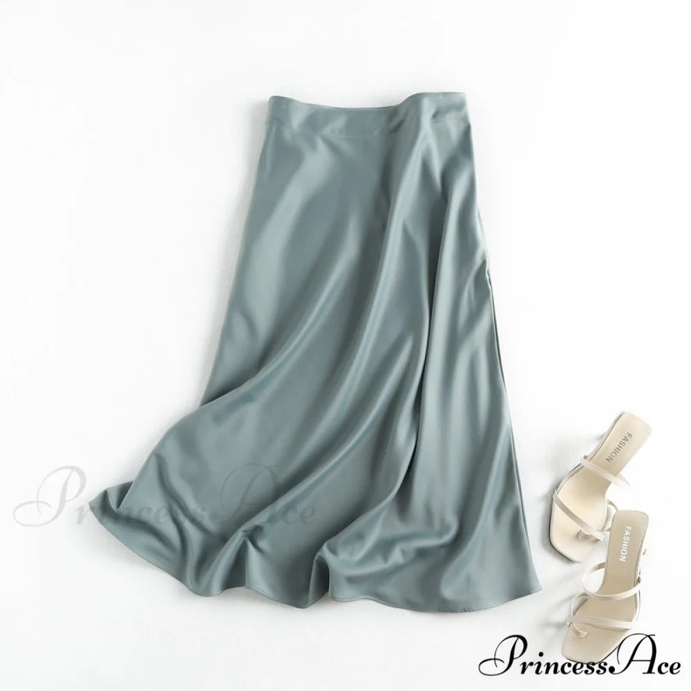 Solid Color High Quality Satin Midi Skirt Blue / S