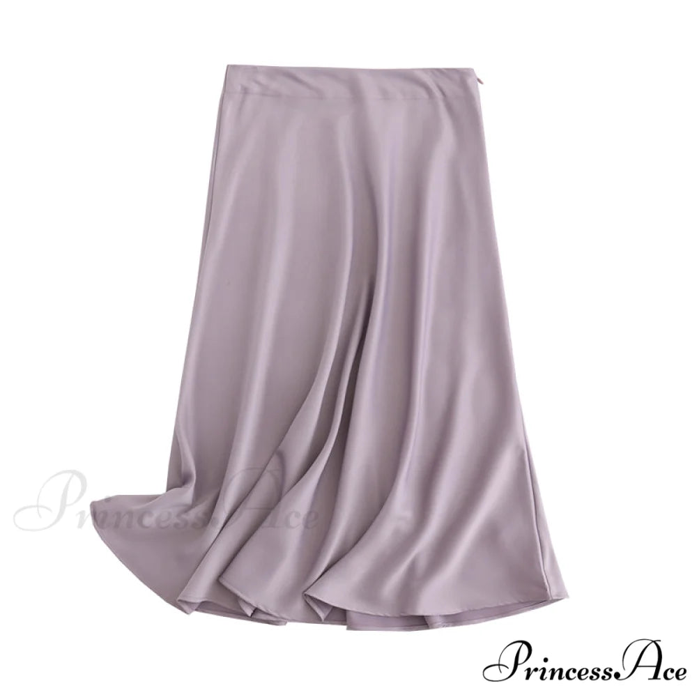 Solid Color High Quality Satin Midi Skirt Grayish purple / S