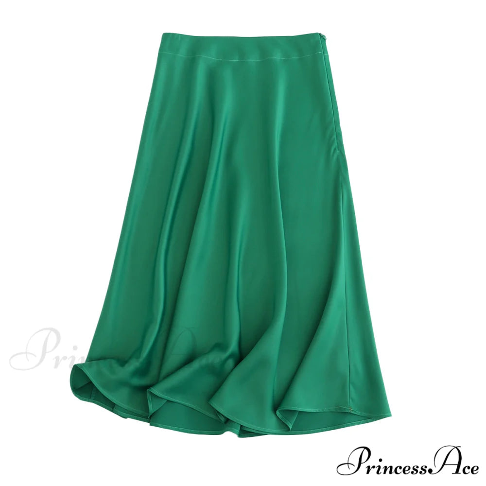 Solid Color High Quality Satin Midi Skirt Green / S