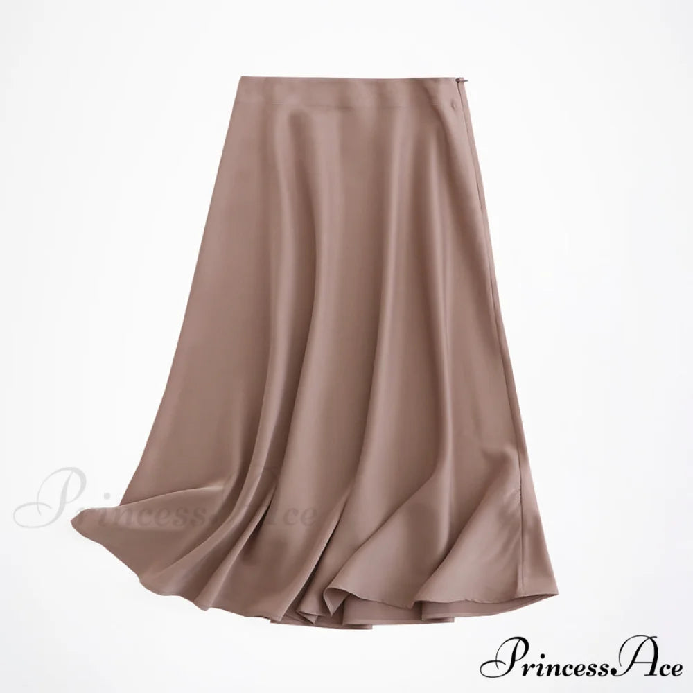 Solid Color High Quality Satin Midi Skirt Khaki / S