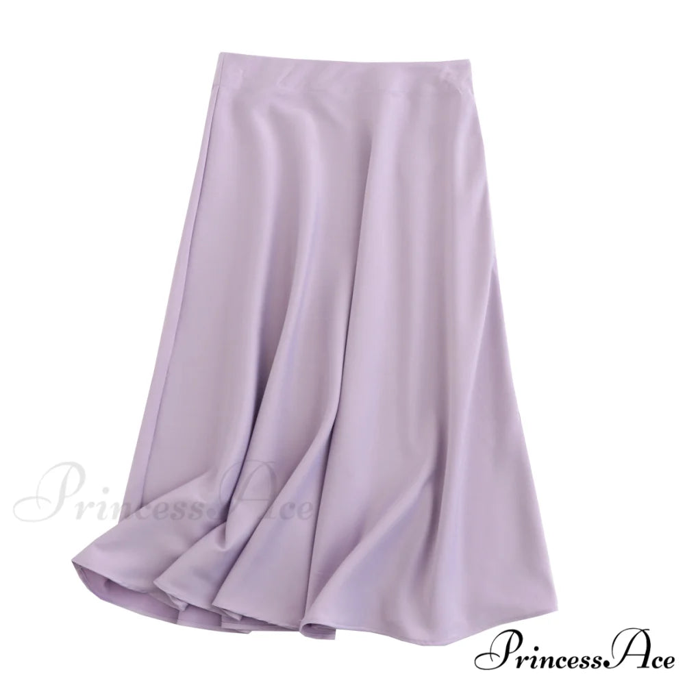 Solid Color High Quality Satin Midi Skirt Lavender / S