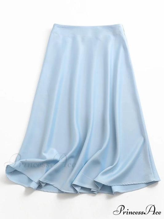 Solid Color High Quality Satin Midi Skirt Light Blue / S