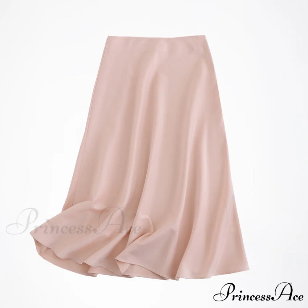 Solid Color High Quality Satin Midi Skirt Pink / S
