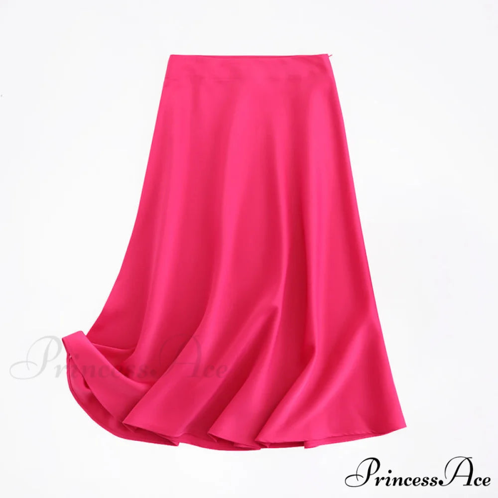Solid Color High Quality Satin Midi Skirt Rose Red / S