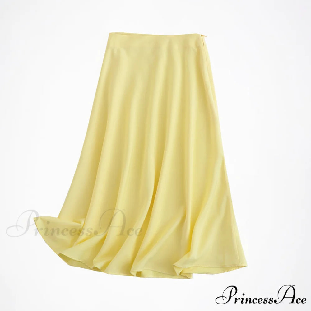 Solid Color High Quality Satin Midi Skirt yellow / S