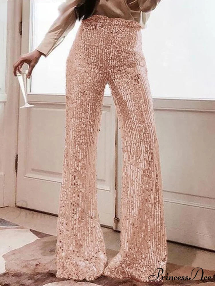 Solid Color High Waist Sequins Decor Bell Bottomed Pants rose gold / S