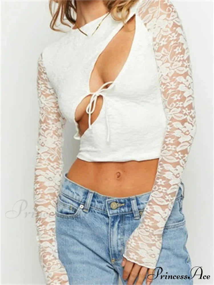 Solid Color Lace Floral Front Cutout Slim Fit T-Shirts WHITE / S