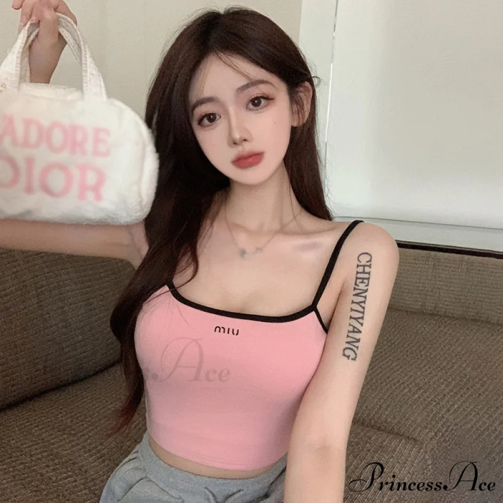 Solid Color Letter Orint Square Collar Tank Top