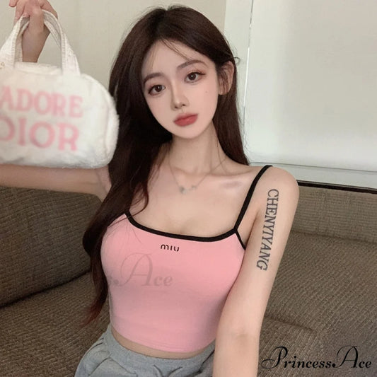 Solid Color Letter Orint Square Collar Tank Top