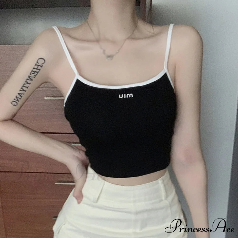 Solid Color Letter Orint Square Collar Tank Top Black / Freesize