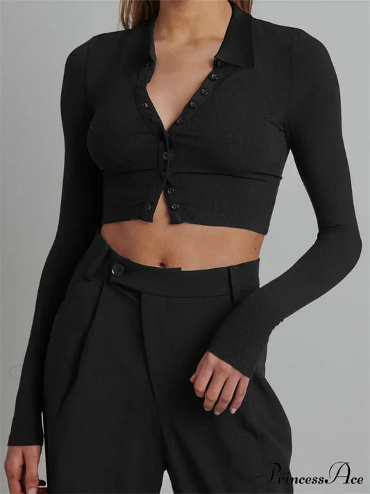 Solid Color Long Sleeve Basic Cropped Ribbed T-shirts BLACK / S