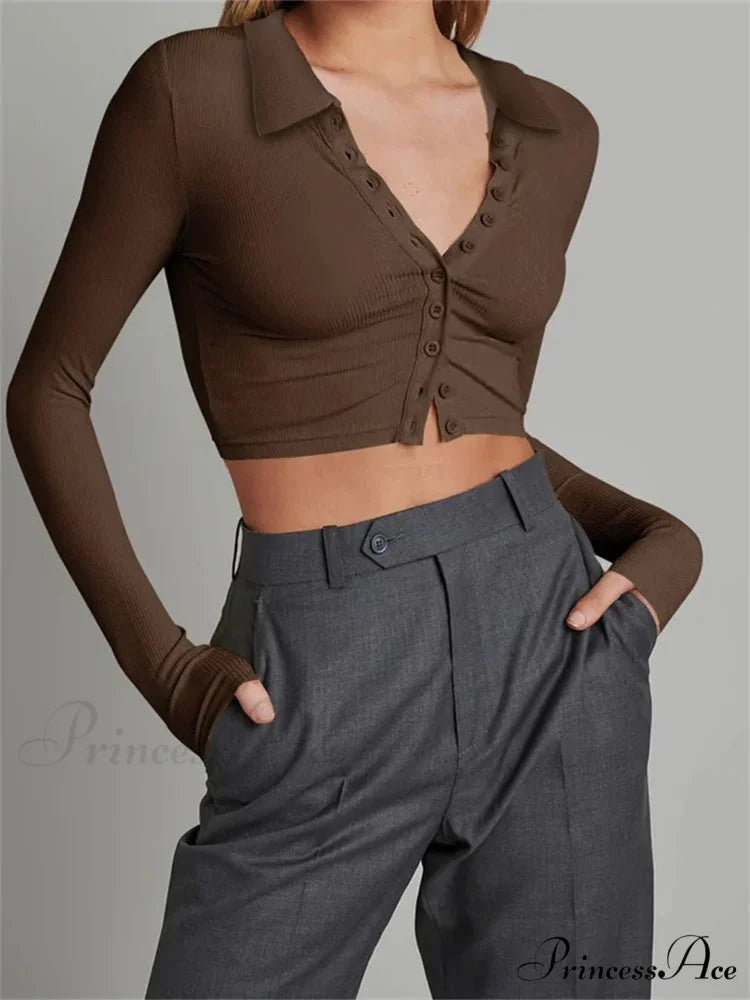 Solid Color Long Sleeve Basic Cropped Ribbed T-shirts BROWN / S