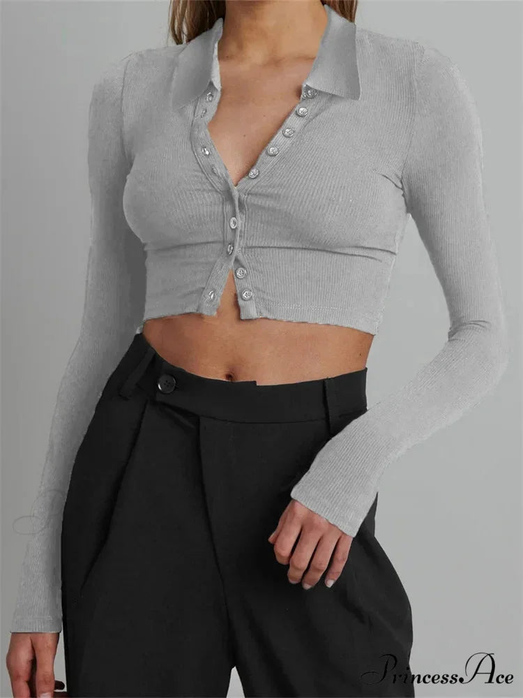 Solid Color Long Sleeve Basic Cropped Ribbed T-shirts GREY / S