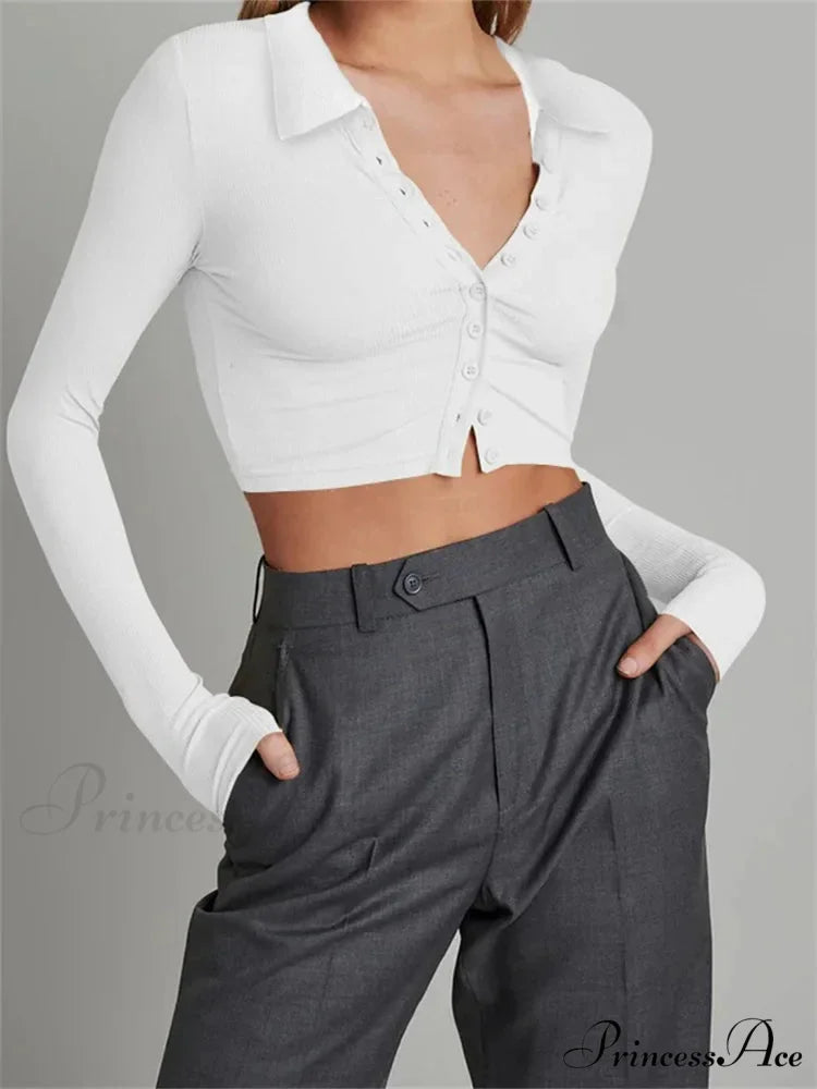 Solid Color Long Sleeve Basic Cropped Ribbed T-shirts WHITE / S