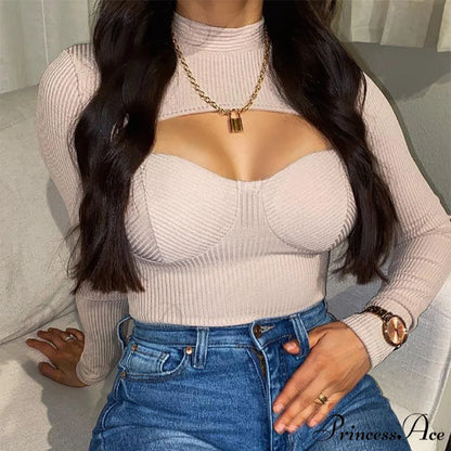 Solid Color Long Sleeve Hollow Blouse
