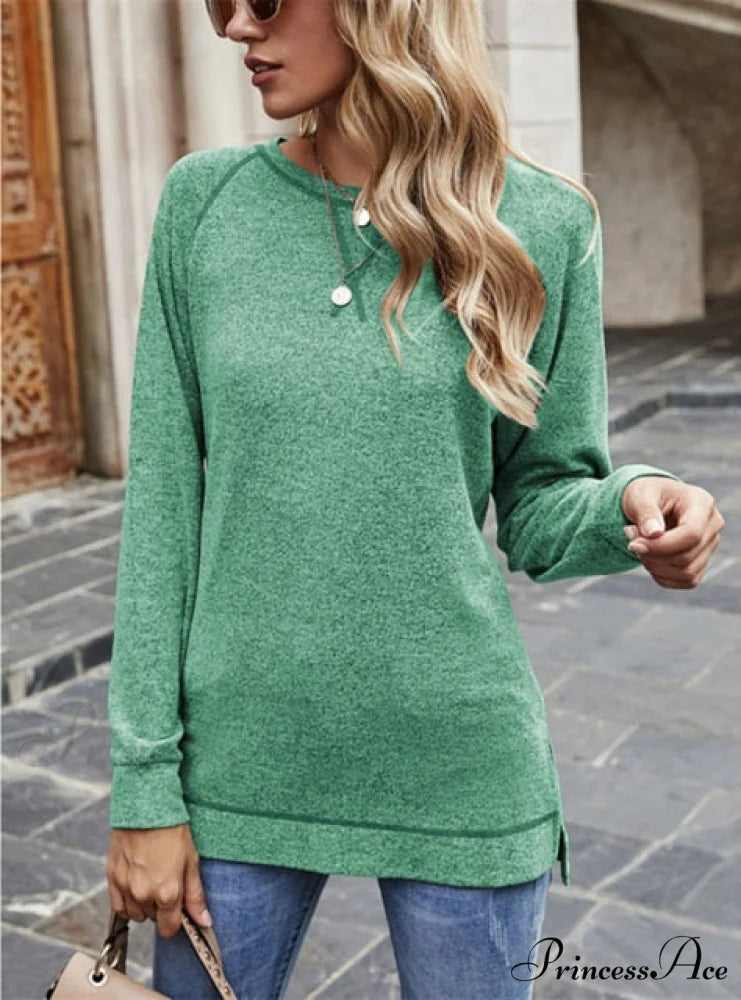 Solid Color Long Sleeve Tops Tee Shirts Green / S