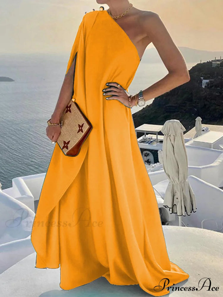 Solid Color Loose Charming One Shoulder Maxi Dress Yellow / S