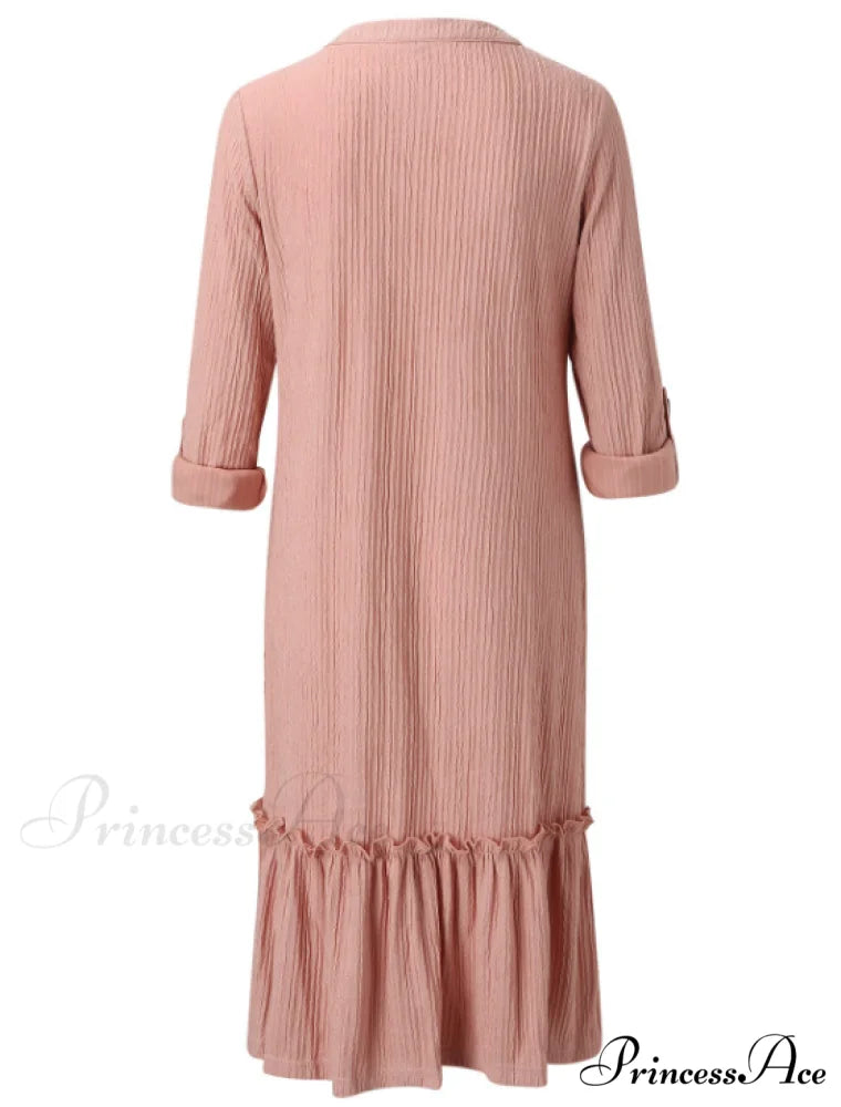 Solid Color Loose Waist Slim Long Sleeve Shirt Dress with Button Ruffles