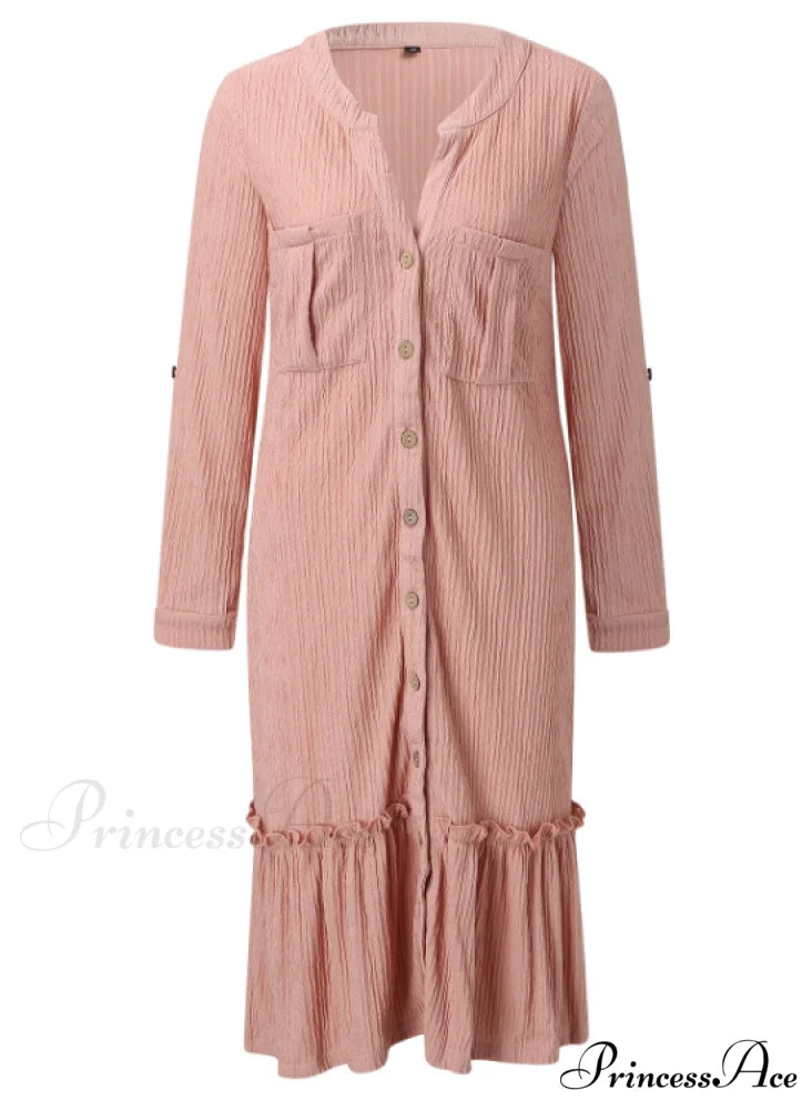 Solid Color Loose Waist Slim Long Sleeve Shirt Dress with Button Ruffles