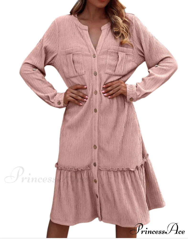 Solid Color Loose Waist Slim Long Sleeve Shirt Dress with Button Ruffles