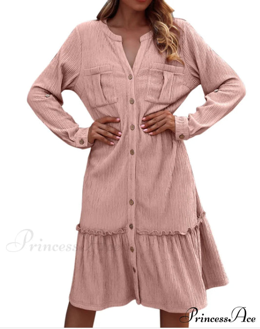 Solid Color Loose Waist Slim Long Sleeve Shirt Dress with Button Ruffles