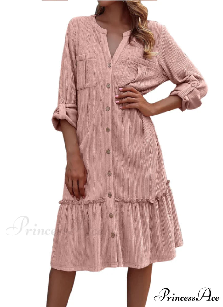Solid Color Loose Waist Slim Long Sleeve Shirt Dress with Button Ruffles