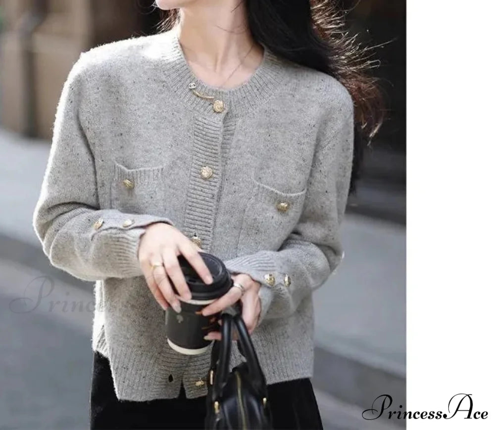 Solid Color Office Lady O-neck Cardigan GRAY / S