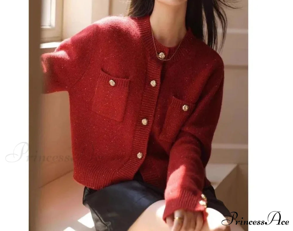 Solid Color Office Lady O-neck Cardigan Red / S