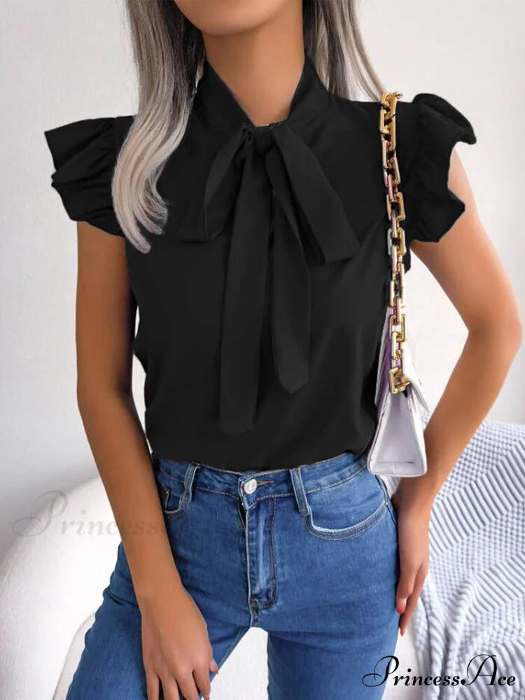 Solid Color Office Lady Shirt Fashion Simple Bowknot Blouse Black / S