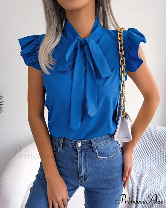 Solid Color Office Lady Shirt Fashion Simple Bowknot Blouse Blue / S
