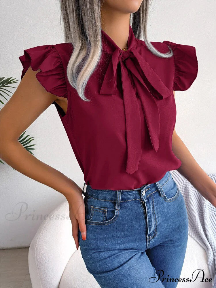 Solid Color Office Lady Shirt Fashion Simple Bowknot Blouse Red / S