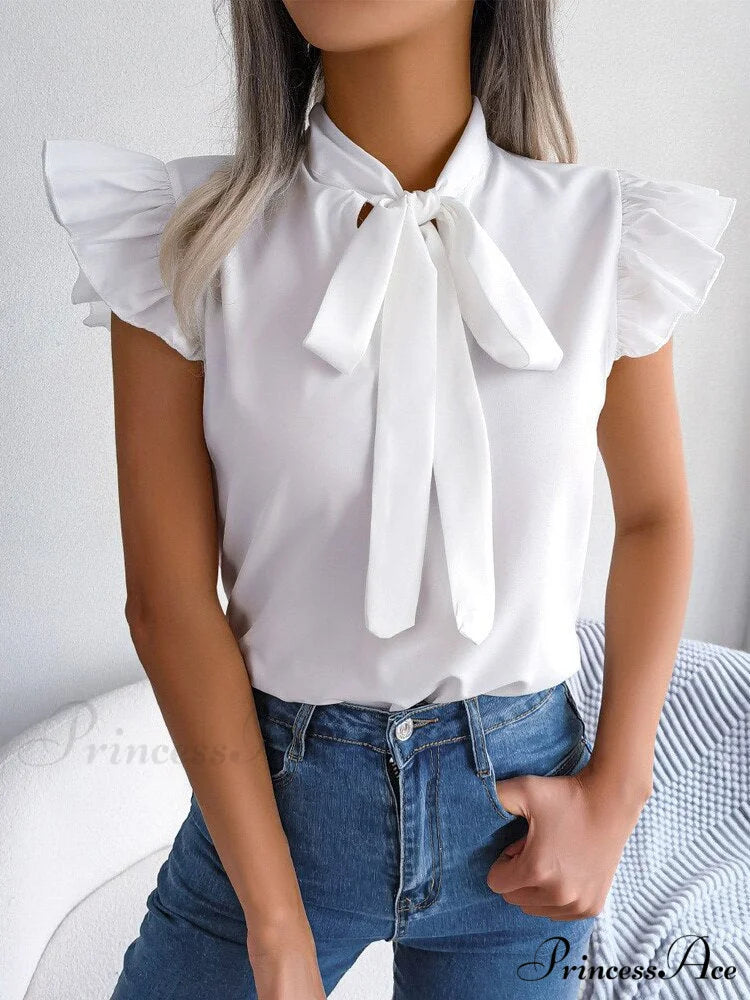 Solid Color Office Lady Shirt Fashion Simple Bowknot Blouse White / S