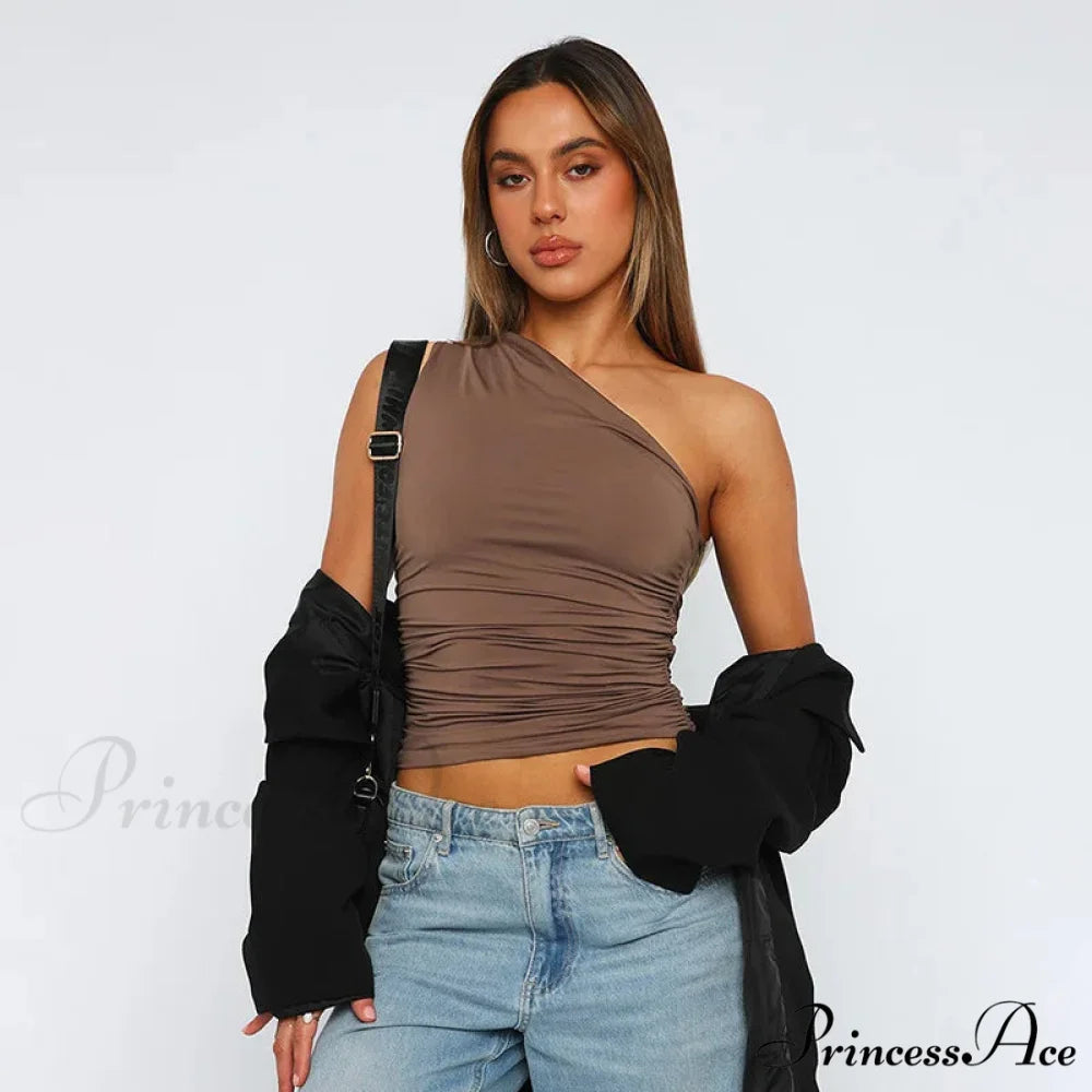 Solid Color One Shoulder Backless Candy Color Tight Sexy Sleeveless Neckless Slim Casual Tank top Brown / S