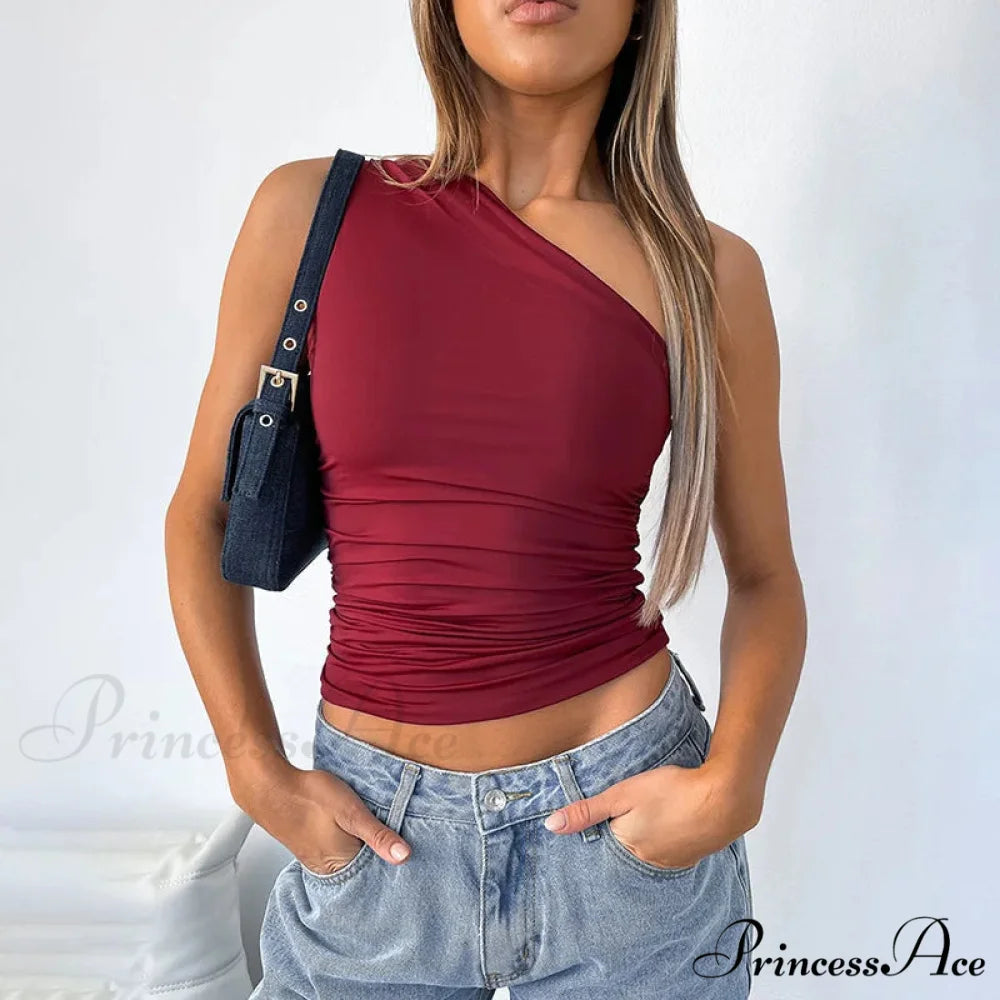 Solid Color One Shoulder Backless Candy Color Tight Sexy Sleeveless Neckless Slim Casual Tank top Claret / S