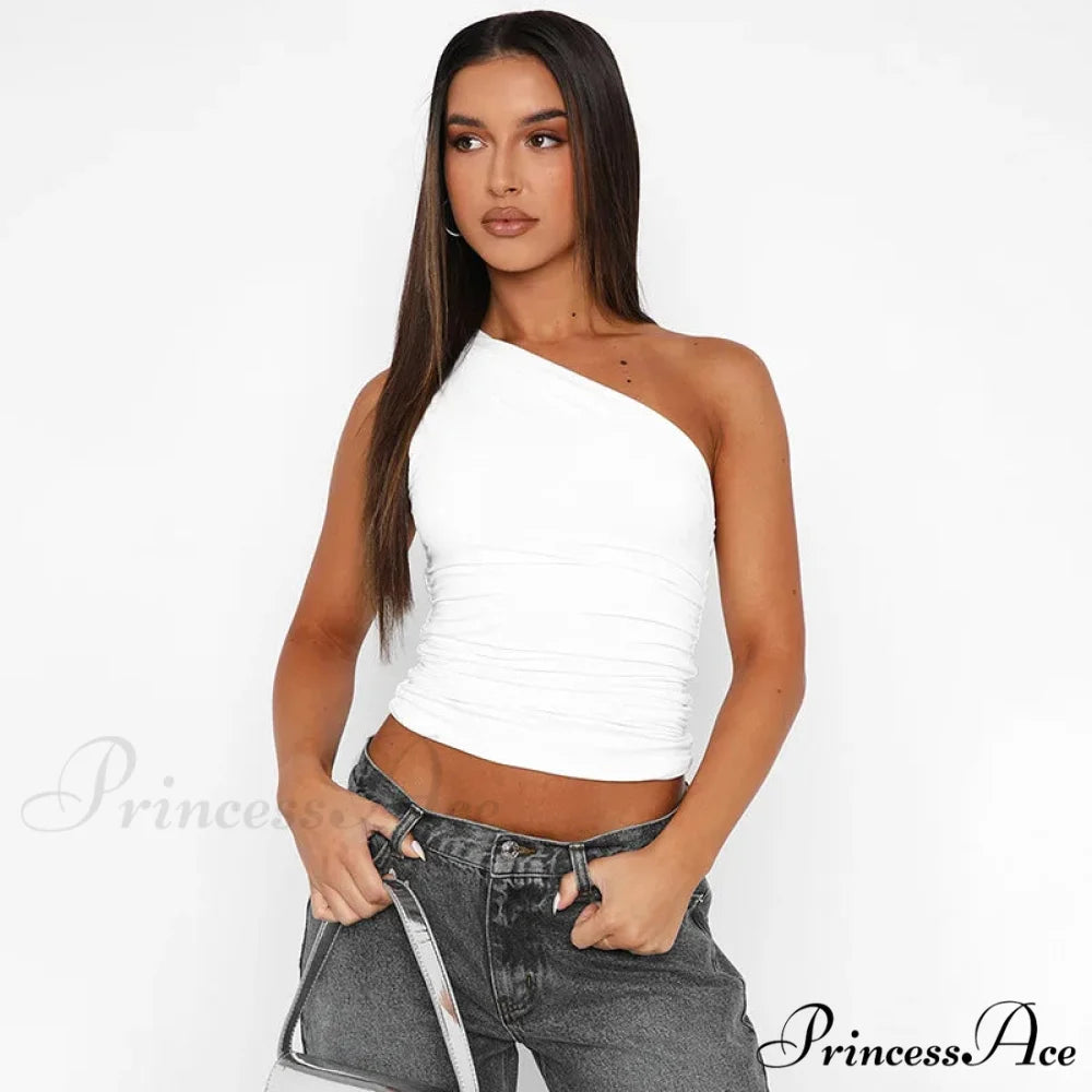 Solid Color One Shoulder Backless Candy Color Tight Sexy Sleeveless Neckless Slim Casual Tank top WHITE / S