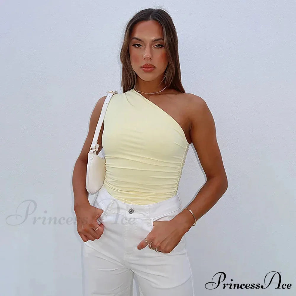 Solid Color One Shoulder Backless Candy Color Tight Sexy Sleeveless Neckless Slim Casual Tank top Yellow / S