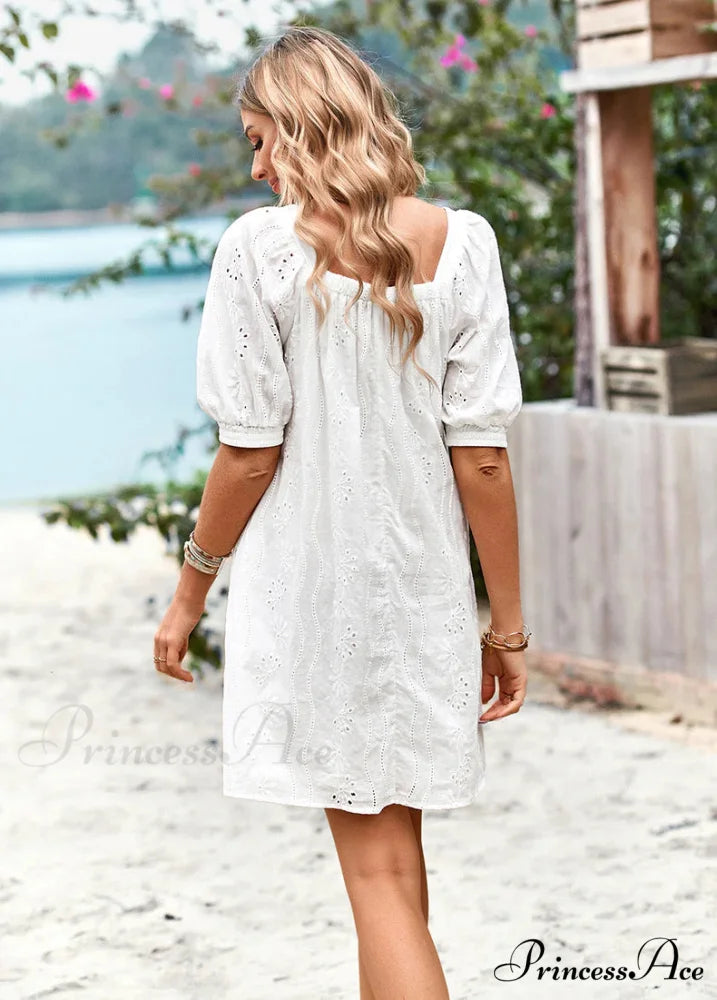 SOLID COLOR OPENWORK JACQUARD DRESS WITH SQUARE COLLAR L / white