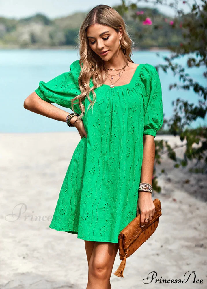 SOLID COLOR OPENWORK JACQUARD DRESS WITH SQUARE COLLAR M / black