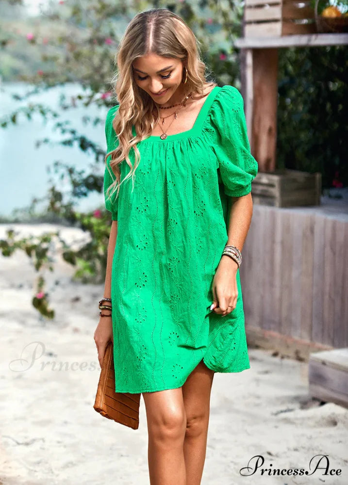 SOLID COLOR OPENWORK JACQUARD DRESS WITH SQUARE COLLAR M / green