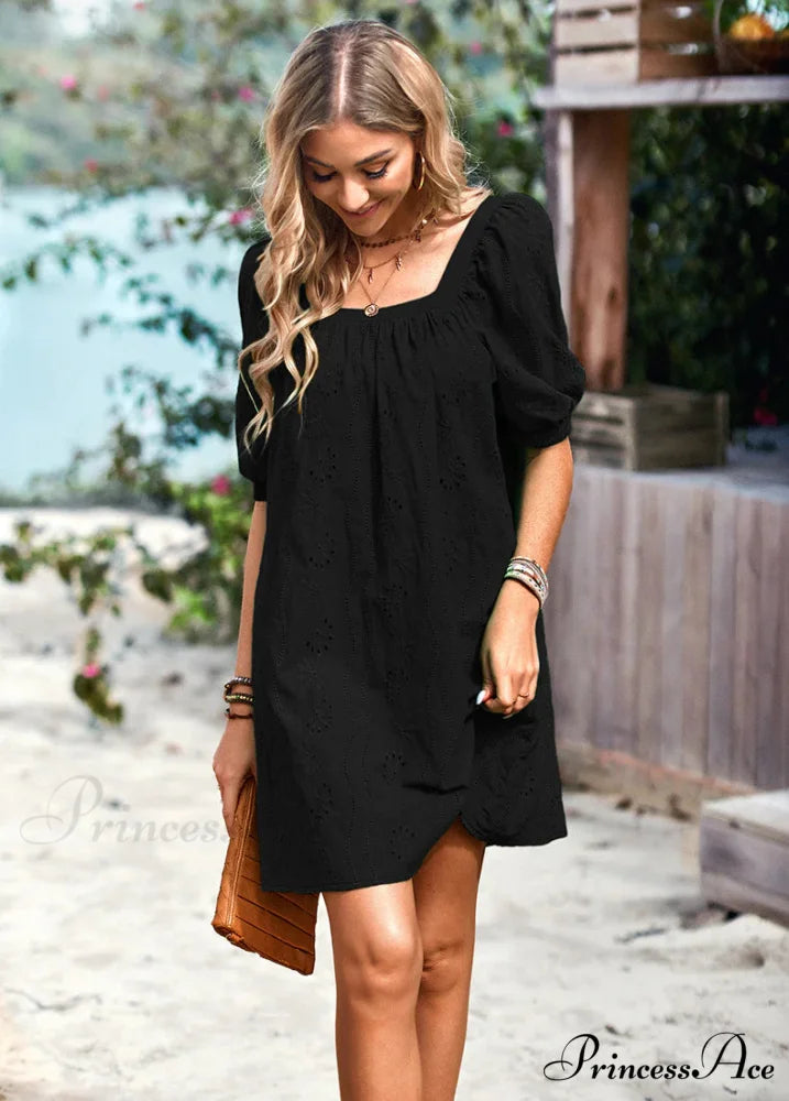 SOLID COLOR OPENWORK JACQUARD DRESS WITH SQUARE COLLAR M / white