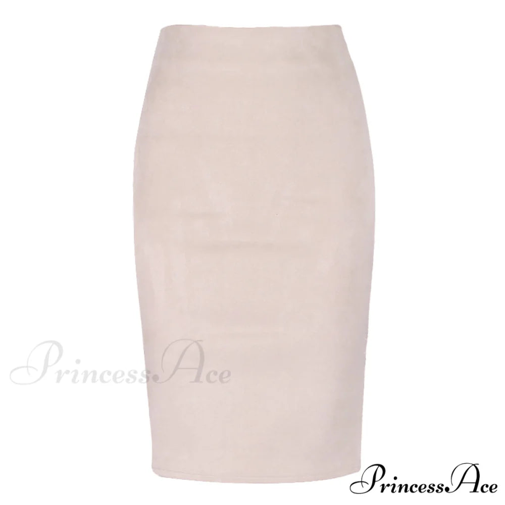 Solid Color Pencil Skirt Beige / S