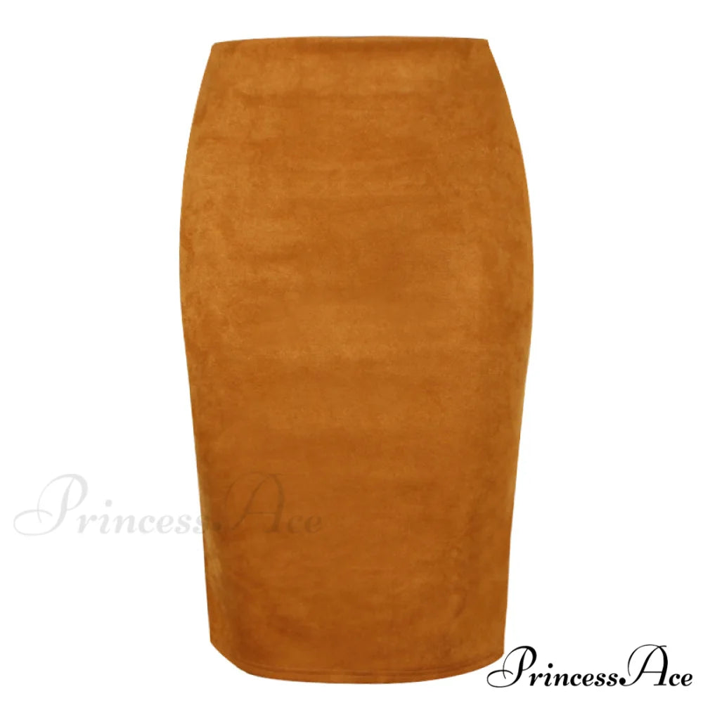 Solid Color Pencil Skirt Brown / S